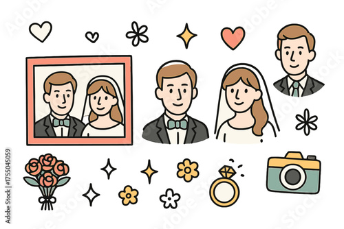 Wedding Doodle Portrait. Portraits. Hand-drawn doodle illustration photo frame (colored), bride (colored), groom (colored), heart, bouquet (colored), sparkle,