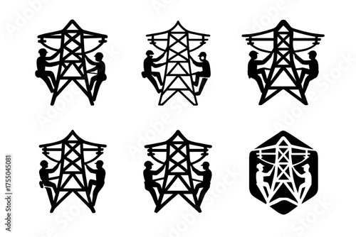 Power Line Repair Logos. Electrical line installers repairing power lines. Set Logo of Electrical line installers repairing power lines: transmission tower