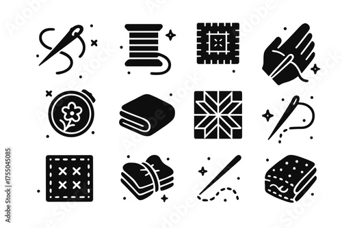 Handmade Quilt Icons. Handmade Quilts. Solid icons set of Handmade Quilts: sewing needle, thread spool, fabric patch, hand stitching, embroidery, quilted