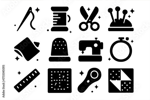 Quilting Tools Icons. Quilting Tools. Solid icons set of Quilting Tools: needle, thread, scissors, pins, fabric, thimble, sewing machine, embroidery hoop,