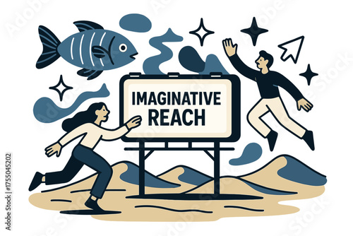 Creative Desert Billboard. Imaginative reach. Glowing billboard in a desert with giant floating fish and shapes around. Floating icons of sparkle, star, and