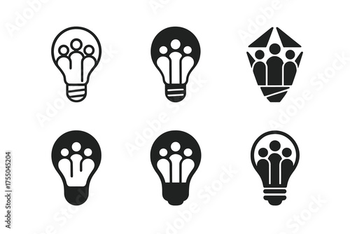 Creative Logo Variations. Crowdsourced Innovation. Set Logo of Crowdsourced Innovation: lightbulb with multiple people. harmonious logo variations of the same