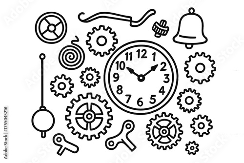 Clockwork Doodle Art. Clock Mechanism. Hand-drawn doodle illustration Clock Mechanism gears cogs spring pendulum hands face key winding knob bell lever wheel.