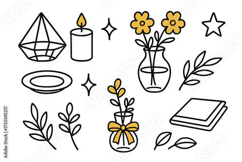 Colorful Geometric Decor. Modern Decor. Hand-drawn doodle illustration geometric holder (colored), candle (colored), sparkle, star, glass vase (colored),