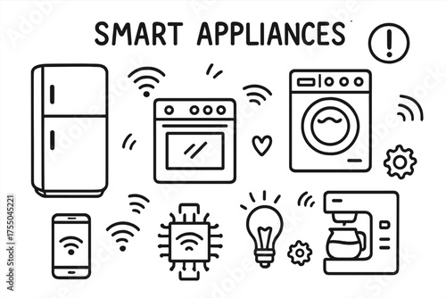 Smart Appliances Doodles. Smart Appliances. Hand-drawn doodle illustration Smart Appliances refrigerator oven washer dryer microwave coffee maker app sensor