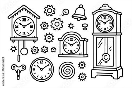 Antique Clock Doodle. Antique Clocks. Hand-drawn doodle illustration Antique Clocks gears pendulum winding key face hands chime bell cogs cabinet knob spring.