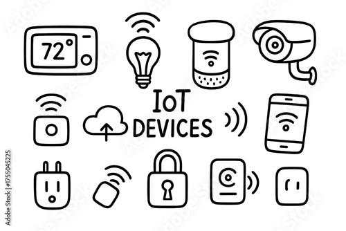 IoT Device Doodles. IoT Devices. Hand-drawn doodle illustration IoT Devices smart thermostat light bulb camera speaker smartphone sensor plug cloud app lock.
