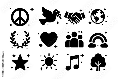 Universal Peace Icons. Universal peace. Solid icons set of Universal peace: peace symbol, dove, handshake, earth globe, laurel wreath, heart, group of people,