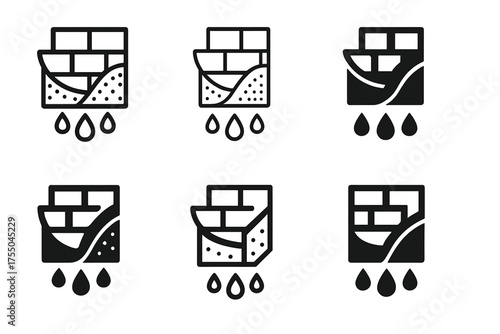 Waterproof Membrane Logos. Waterproof membrane installation. Set Logo of Waterproof membrane installation: foundation wall membrane. harmonious logo variations