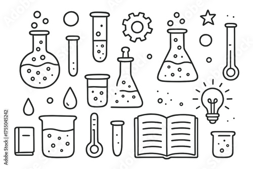 Scientific Doodle Icons. Flasks. Hand-drawn doodle illustration flasks laboratory flask, beaker, test tube, conical flask, round-bottom flask, droplet, bubble,