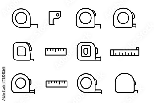 Construction Tape Icons. Construction tape measure. Line icon set of Construction tape measure: tape measure, hook end, tape reel, retractable tape, locking