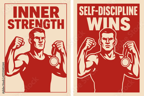 Athlete's Inner Strength. Strength. Two vertical A6 banners with safe margins, centered composition, no elements touching edges, bold style, red and beige,