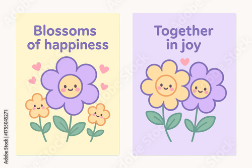 Joyful Blossoms Banners. Blossoms of happiness. Two vertical A6 banners with safe margins, centered composition, no elements touching edges, kawaii, pastel