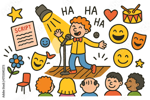 Kids Comedy Doodles. Funny Act. Colorful Hand-drawn doodle Children illustration comedian, script, microphone, spotlight, laughing face, star, heart, smiley