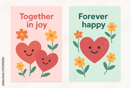 Joyful Hearts and Flowers. Together in joy. Two vertical A6 banners with safe margins, centered composition, no elements touching edges, flat vector design,