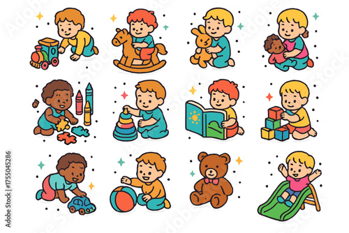 Exploring Toddlers Icons. Exploring Toddlers. Colorful isometric vector icons set of exploring toddlers: toy train, rocking horse, stuffed animal, crayons,