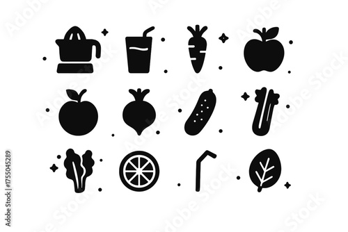Fresh Juice Icons. Fresh juice bar. Solid icons set of Fresh juice bar: juicer, glass of juice, carrot, apple, orange, beet, cucumber, celery, leafy greens,