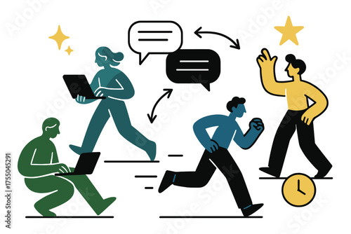 Dynamic Digital Harmony. Different rhythms. Glowing figures working separately but connected by floating messages and arrows. Floating icons of sparkle, star,