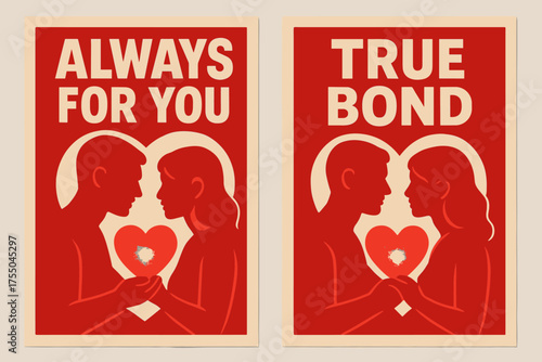 Silhouettes with Heart. Relationship. Two vertical A6 banners with safe margins, centered composition, no elements touching edges, bold style, red and beige,