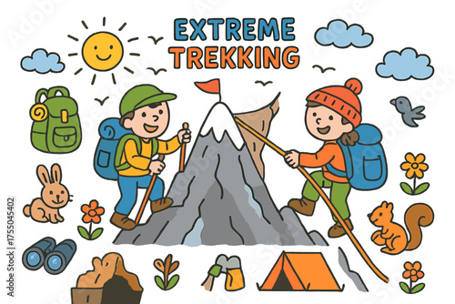 Adventure Trekking Doodle. Extreme Trekking. Colorful Hand-drawn doodle Children illustration hikers, steep mountain, backpack, walking sticks, cliff, rope,