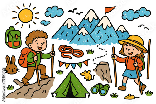 Alpine Adventure Doodles. Alpine Trek. Colorful Hand-drawn doodle Children illustration hikers, snowy mountains, backpack, walking sticks, steep paths, rope,