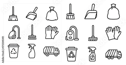 Cleaning tools outline icons set – line, hygiene, housekeeping equipment symbols