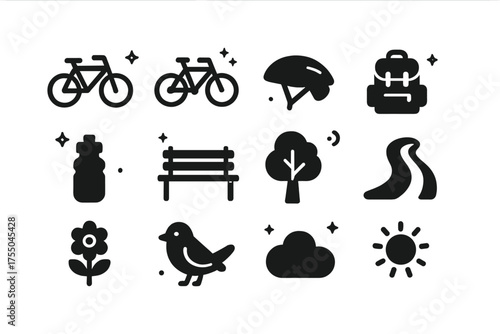 Recreation Ride Icons. Recreation ride. Solid icons set of Recreation ride: bicycle, tandem bike, helmet, backpack, water bottle, park bench, tree, path,