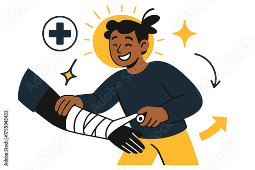 Dynamic Arm Bandaging. Bandaging skills. Student glowing while practicing wrapping an arm with bandage. Floating icons of cross, sparkle, and arrow symbolizing