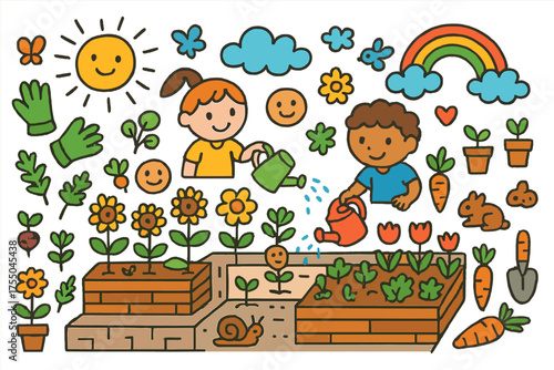 Colorful Green Rooftop. Green Rooftop. Colorful Hand-drawn doodle Children illustration rooftop planters, children watering plants, seedlings, flowers, herbs,