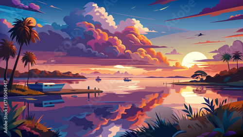 Very beautiful Mobile Bay at dusk with dramatic clouds glowing in twilight, their reflections shimmering across calm waters, creating a peaceful coastal panorama of color, light, and serenity.