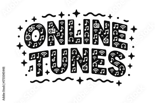 Online Tunes Icons. Decorative Display Lettering: "Online Tunes" ? letters filled with miniature icons of radios, music notes, headphones, and Wi-Fi signals,