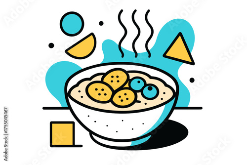 Playful Breakfast Scene. Simple Breakfast. Bowl of porridge with fruit on table, floating geometric shapes and steam, calm and humble morning scene. Modern