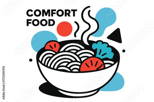 Geometric Comfort Noodles. Comfort Food. Bowl of noodles with vegetables, floating abstract steam and simple geometric shapes, humble home-cooked comfort vibe.