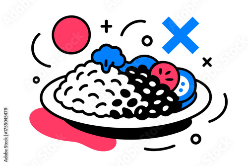 Colorful Rice and Beans. Rice and Beans. Simple plate with rice, beans, and vegetables, floating abstract geometric accents, humble nourishing composition.