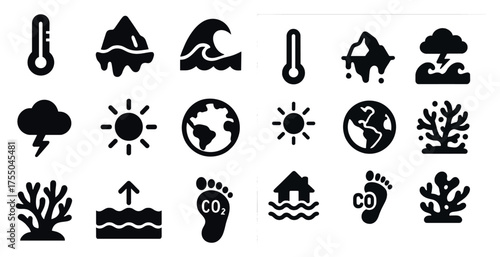 Climate change silhouette icons set – solid, environmental, global warming symbols