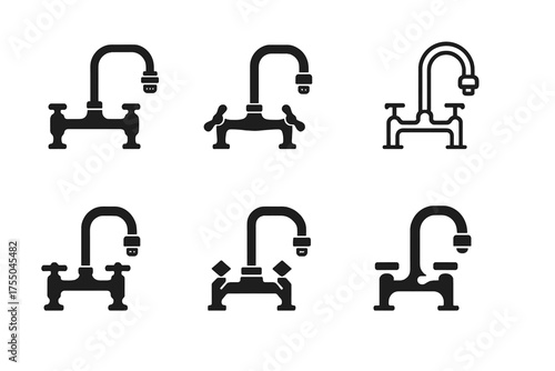 Aerator Tap Logos. Tap with aerator. Set Logo of Tap with aerator: wall-mounted bridge faucet. harmonious logo variations of the same emblematic concept, each