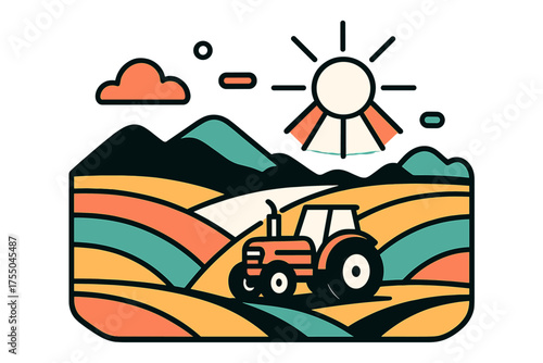 Golden Fields Tranquility. Golden Fields. Tractor resting in golden abstract fields, sunset behind mountains, floating geometric sun rays, warm and peaceful