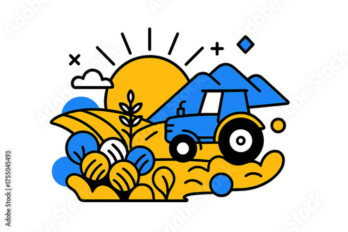 Evening Harvest Glow. Evening Harvest. Tractor in a field with abstract crops, warm sunset rays behind mountains, floating geometric accents highlighting