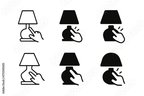 Lamp Logo Variations. Turning on a bedside lamp. Set Logo of Turning on a bedside lamp: touch sensor lamp hand tap. harmonious logo variations of the same