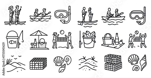Recreational water sports outline icons set – flat, linear, beach and ocean activities