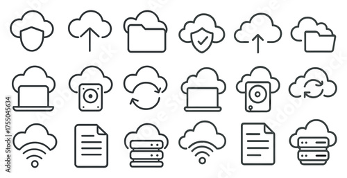 Cloud computing outline icons set – linear, network, data storage symbols