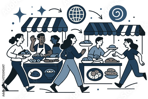 Vibrant Global Food Market. Global food market. Glowing stalls showcasing diverse foods from around the world. Floating icons of sparkle, globe, and swirl