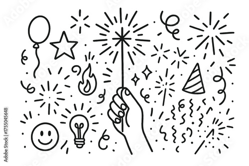 Party Sparklers Doodle. Party sparkler. Hand-drawn doodle illustration party sparkler sparkler stick, star, spark burst, swirl, flame, confetti, hand, balloon,