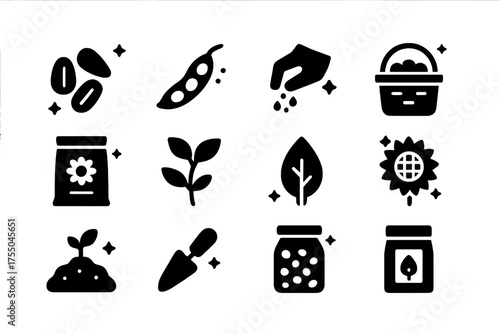 Seeds and Harvest Icons. Seeds & Harvest. Solid icons set of Seeds & Harvest: sunflower seeds, pod, hand picking, basket, bag of seeds, stem, leaf, flower