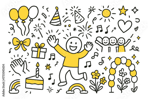 Joyous Celebration Doodles. Excitement. Hand-drawn doodle illustration Smiling person, balloons, confetti, fireworks, party hat, dancing, clapping hands, cake,