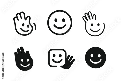 Friendly Wave Logos. Friendly Wave. Set Logo of Friendly Wave: smiling face with wave hand. harmonious logo variations of the same emblematic concept, each