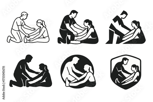Partner Exercise Logos. A couple doing partner exercises, motivating and supporting each other. Set Logo of A couple doing partner exercises, motivating and