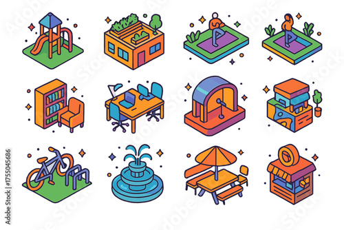 Vibrant Urban Icons. Urban Design. Colorful isometric vector icons set of urban design: playground, rooftop garden, yoga area, library corner, coworking desk,