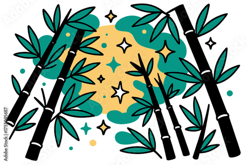 Bamboo Canopy Wonders. Bamboo Canopy. A glowing forest from below looking up through bamboo leaves, abstract floating spark and star icons symbolizing peace