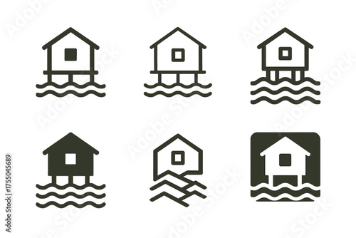 Climate-Resilient Logos. climate-resilient infrastructure. Set Logo of climate-resilient infrastructure: modular flood-proof housing unit. harmonious logo